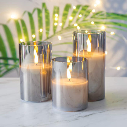 Silver Grey Glass Flameless Candles with Remote, Battery Operated Flickering LED Pillar Candles Set of 3