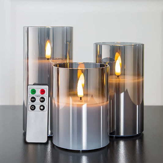 Silver Grey Glass Flameless Candles with Remote, Battery Operated Flickering LED Pillar Candles Set of 3